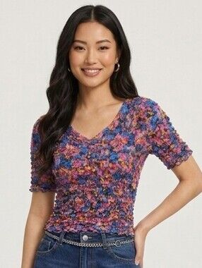 Vintage Popcorn Y2K Colorful Textured Short Sleeve Top - Multi One Size
